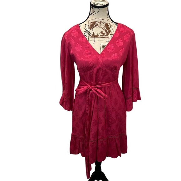 Anthropologie Dresses & Skirts - Anthropologie Maeve Pink Jacquard‎ Belted Dress 3/4 Sleeve Size 2